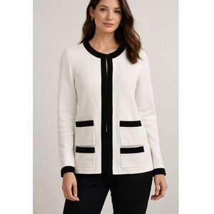 Talbots Ivory Black Trim Sweater Jacket Hook Eye Cardigan Knit X (XL)